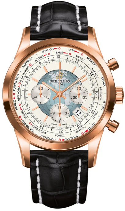 Breitling Watch Transocean Chronograph Unitime Polar White Red Gold
