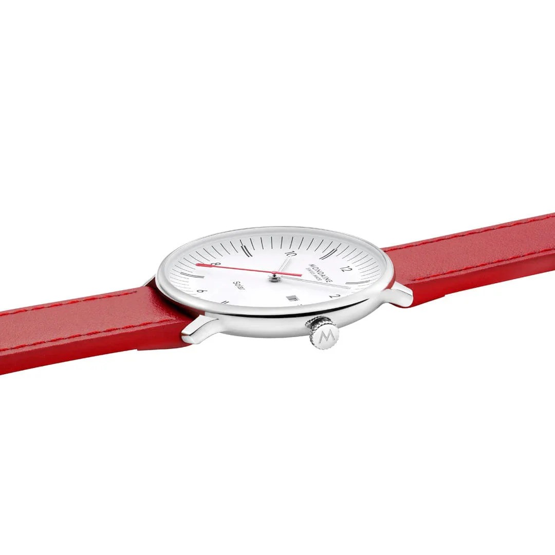 Mondaine Doppio 41mm Solar Red Vegan Apple Leather Watch - Image 6